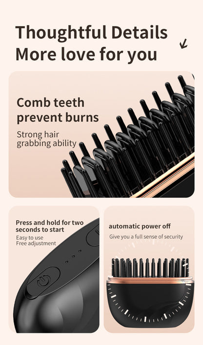Mini Wireless Hair Straightening Comb – Portable Heated Styling Brush